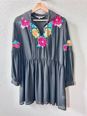 Roja Black Floral Embroidered Mini Dress Size Large Western Boho